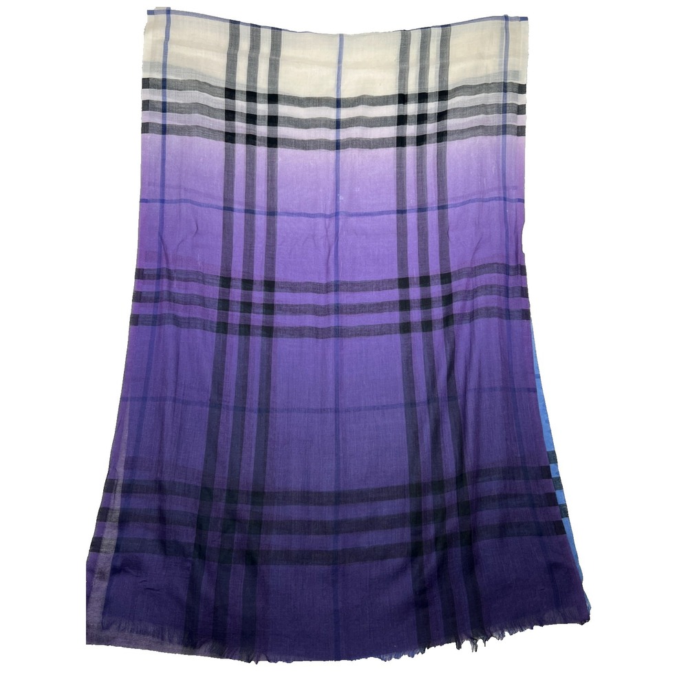 Burberry Ombre Nova Check Lightweight Stole Scarf 84x29 Fringe Purple Blue